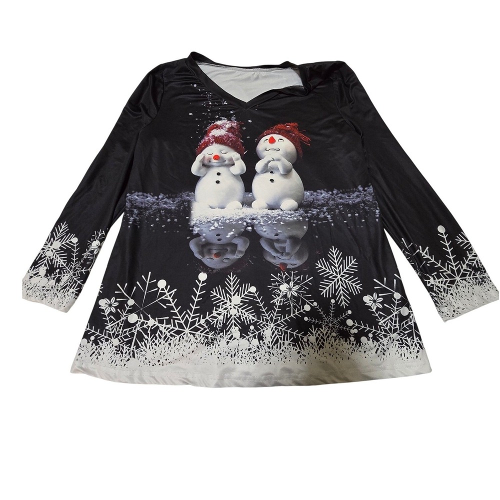 Cute Snowman Long Sleeve V Neck Tunic Top Black White Christmas Holiday /0111